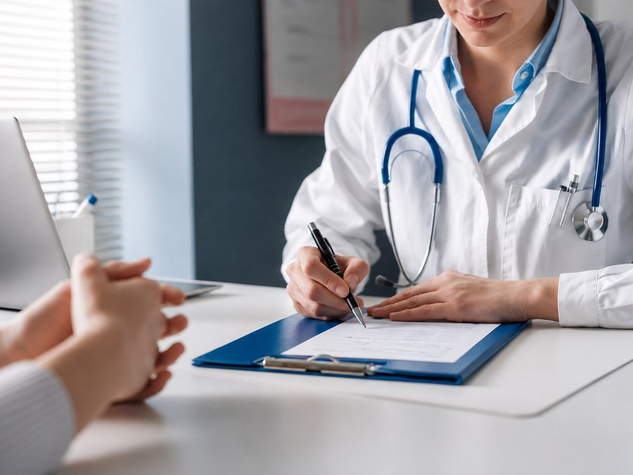 Doctora completando una historia clínica junto a un paciente